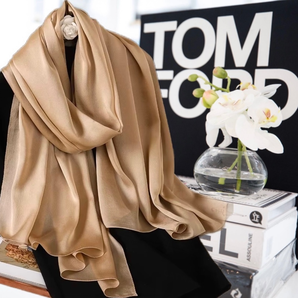 Light Camel Brown 100% SILK SATIN Large Shawl Scarf Wrap Beige Wedding CoverUp